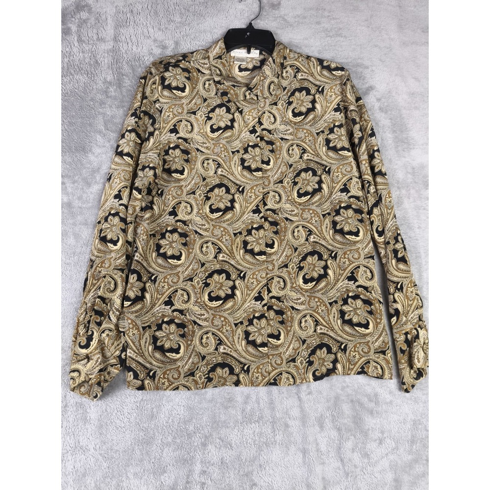 Doncaster Silk Paisley Button Down Blouse Black Gold Cream Long Sleeve Top